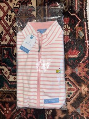 Masters Pink and White Striped Zip Pullover with Embroidered Logo